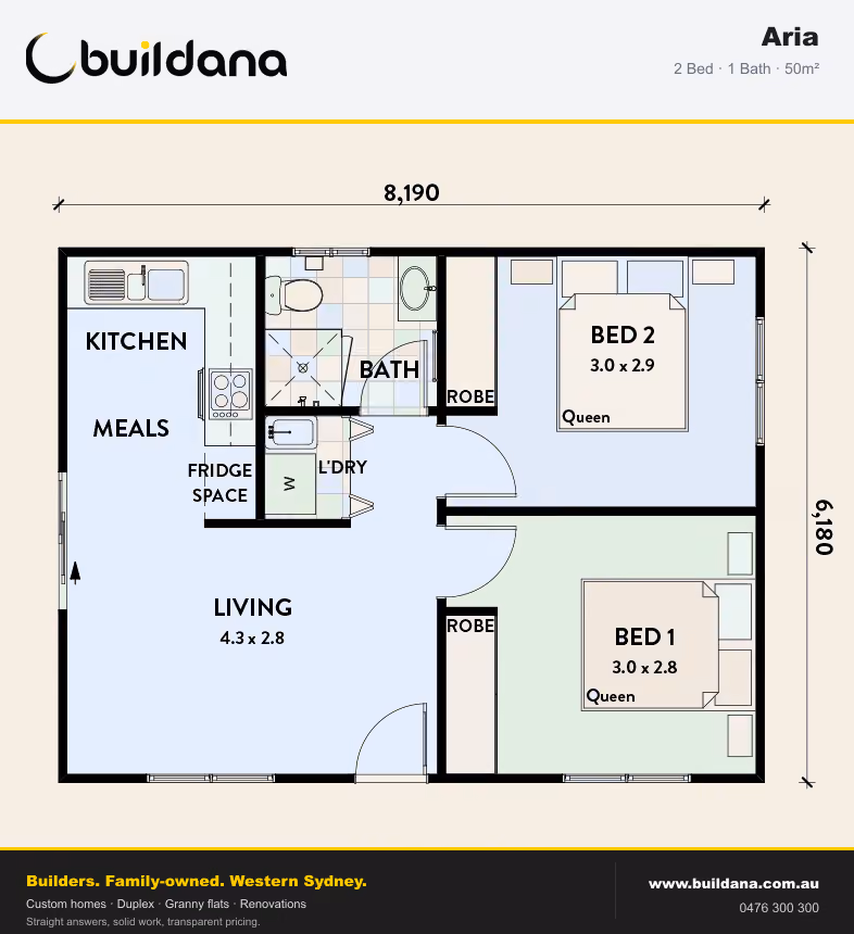 Floor plan of the Buildana Aria granny flat with an open living area, kitchen, bathroom and bedroom