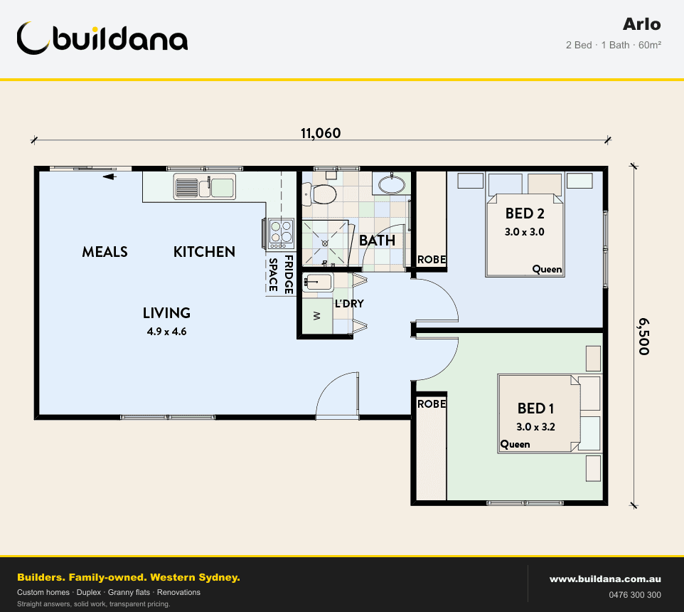 Floor plan of the Buildana Arlo granny flat showing bedrooms, bathroom, kitchen and living area