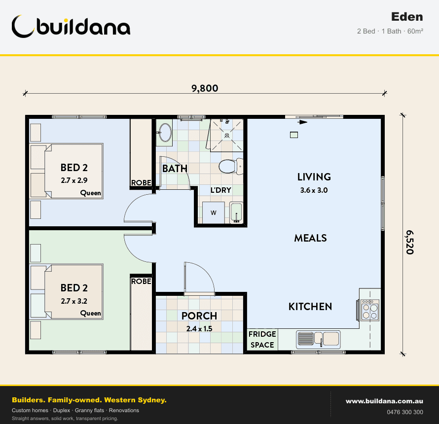 Floor plan of the Buildana Eden granny flat, fitting kitchen, bathroom, bedroom and lounge into a tight rectangle