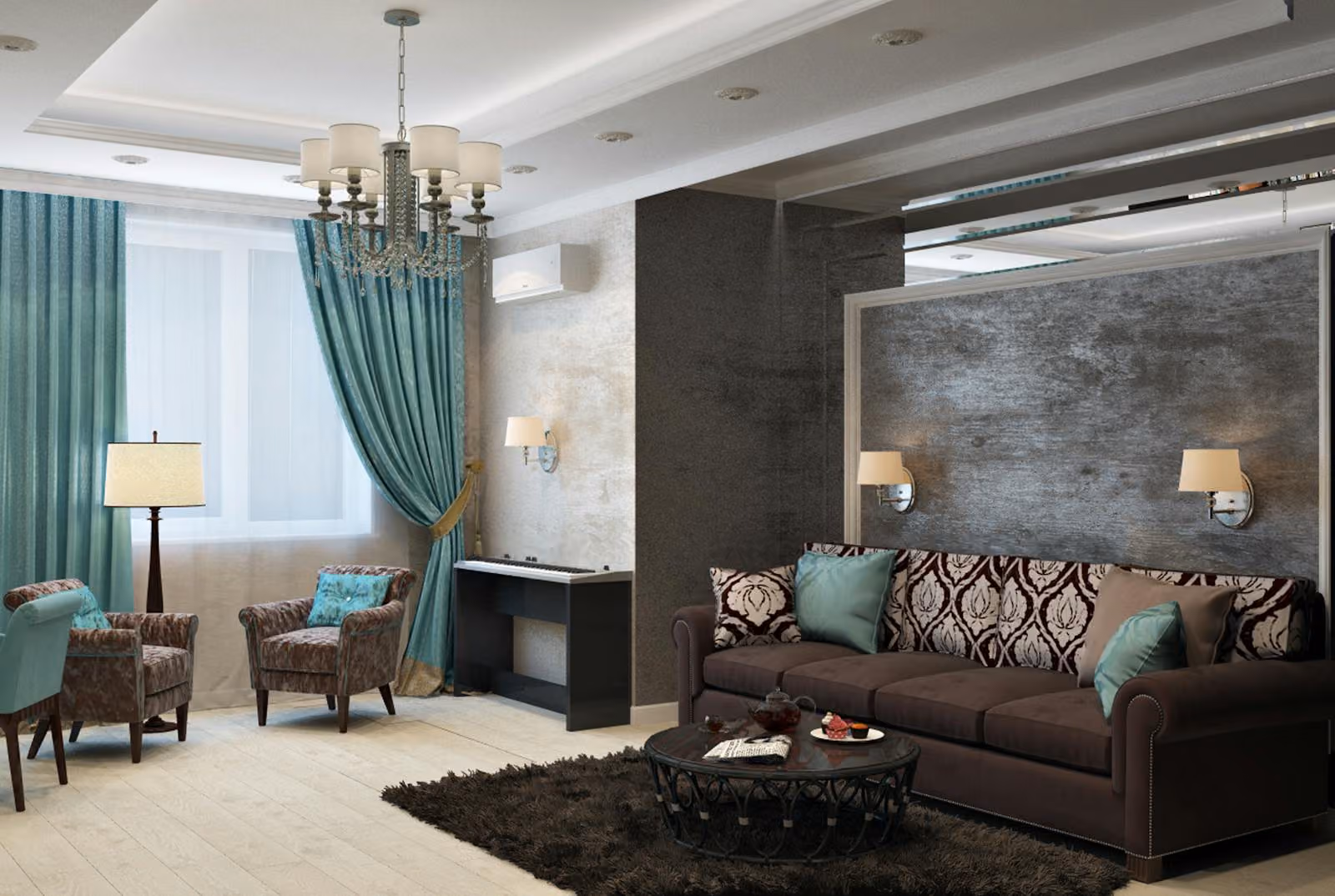 Living room with teal curtains, a patterned sofa, chandelier and a feature wall