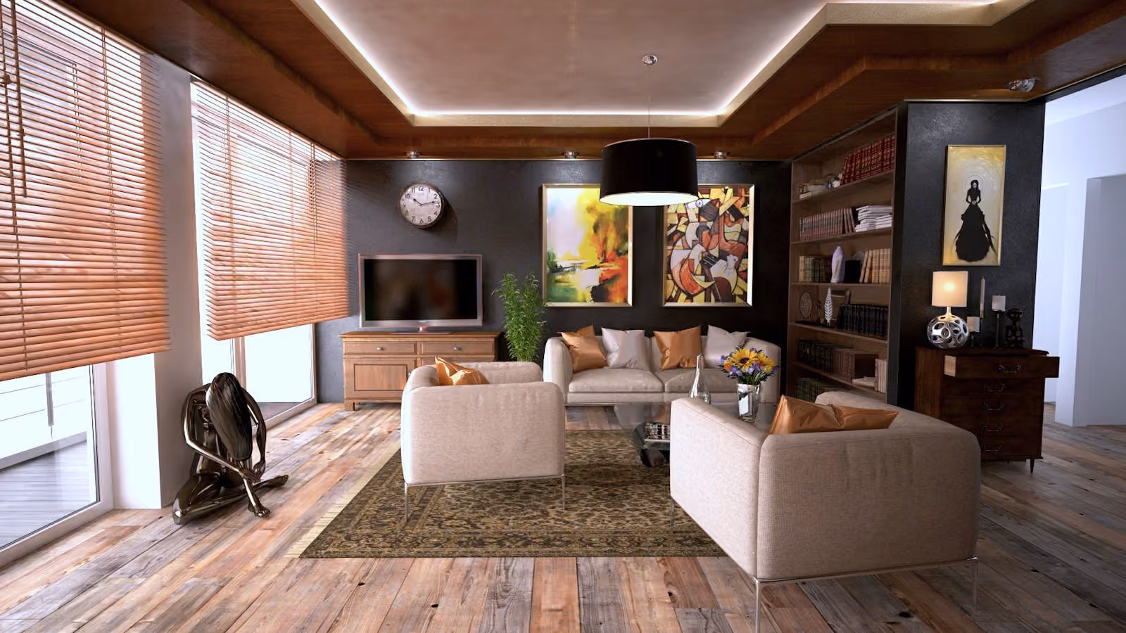 Warm living room with cream sofas, timber floors and a feature ceiling with downlights