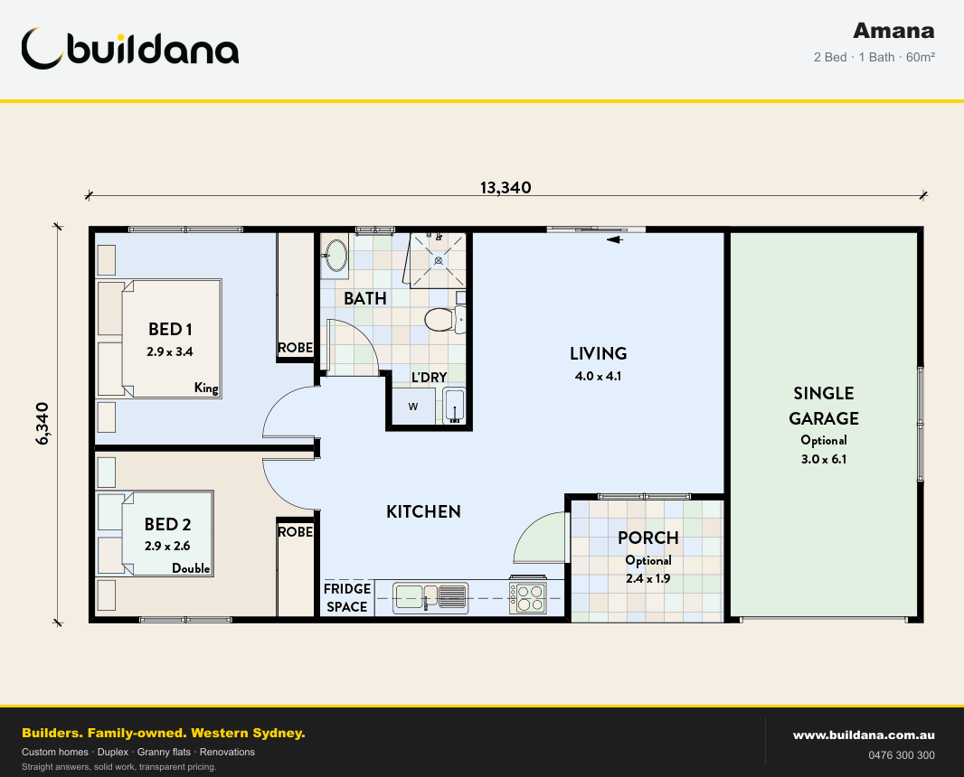 Buildana Amana 60m² granny flat floor plan — 2 bed, 1 bath, garage
