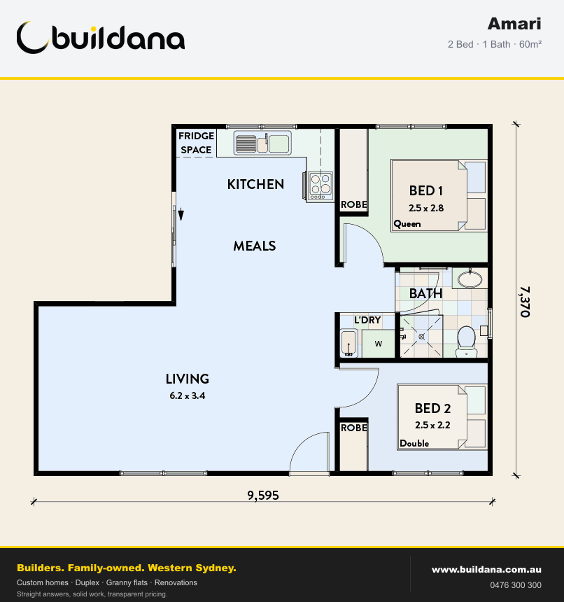 Buildana Amari 60m² granny flat floor plan — 2 bed, 1 bath