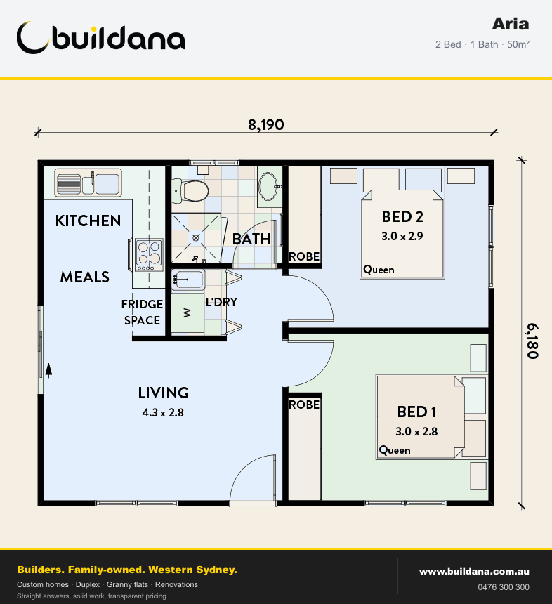 Buildana Aria 50m² granny flat floor plan — 2 bed, 1 bath