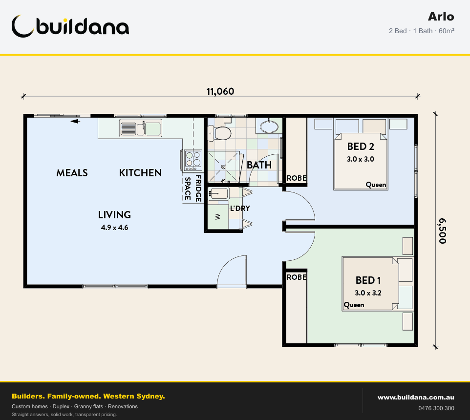 Buildana Arlo 60m² granny flat floor plan — 2 bed, 1 bath