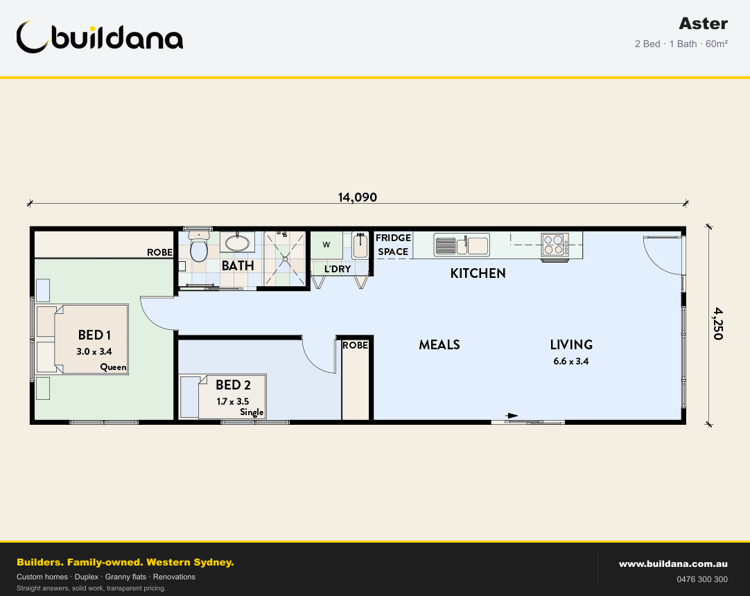 Buildana Aster 60m² granny flat floor plan — 2 bed, 1 bath