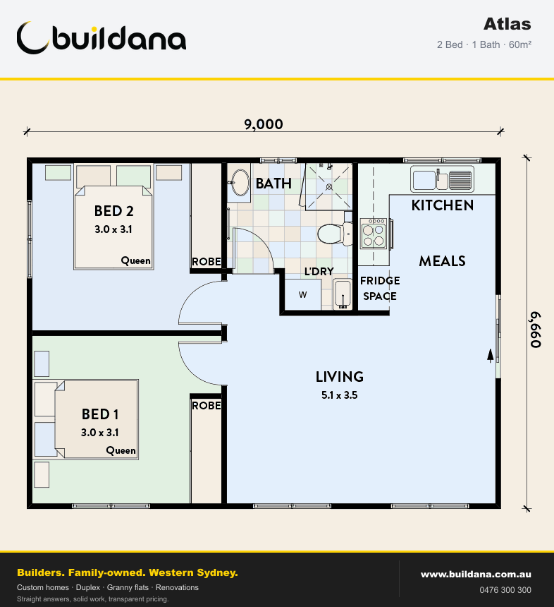 Buildana Atlas 60m² granny flat floor plan — 2 bed, 1 bath