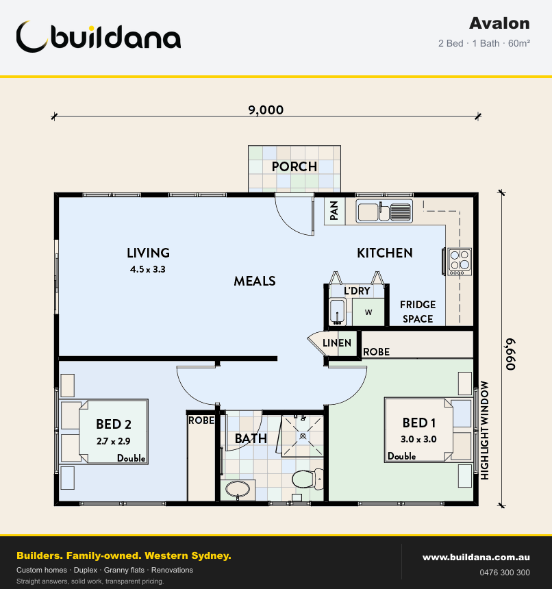 Buildana Avalon 60m² granny flat floor plan — 2 bed, 1 bath