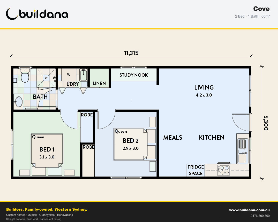 Buildana Cove 60m² granny flat floor plan — 2 bed, 1 bath