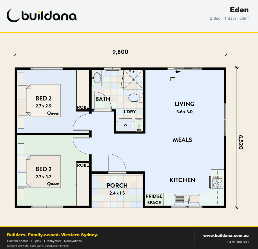 Buildana Eden 60m² granny flat floor plan — 2 bed, 1 bath