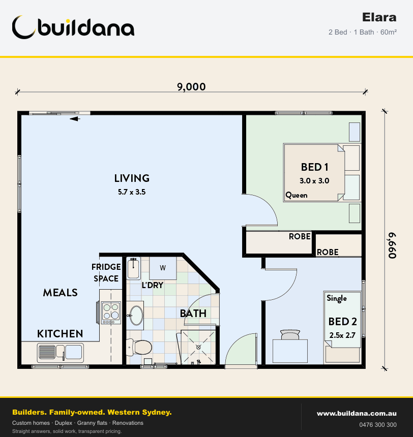 Buildana Elara 60m² granny flat floor plan — 2 bed, 1 bath