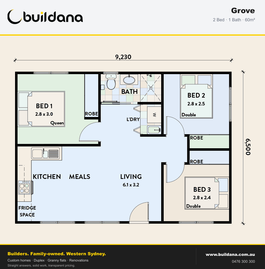 Buildana Grove 60m² granny flat floor plan — 2 bed, 1 bath