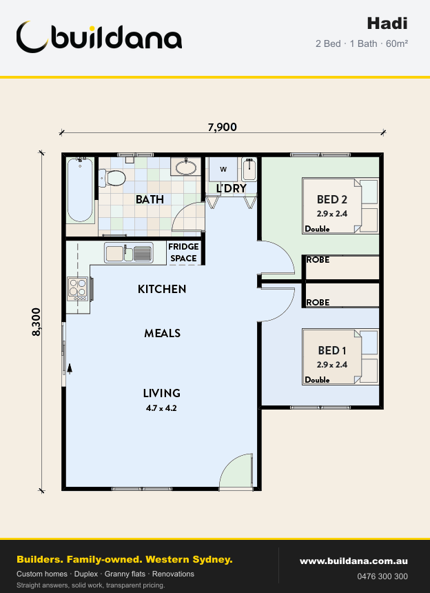 Buildana Hadi 60m² granny flat floor plan — 2 bed, 1 bath