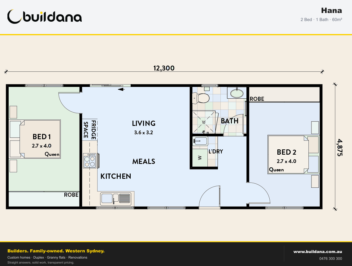 Buildana Hana 60m² granny flat floor plan — 2 bed, 1 bath