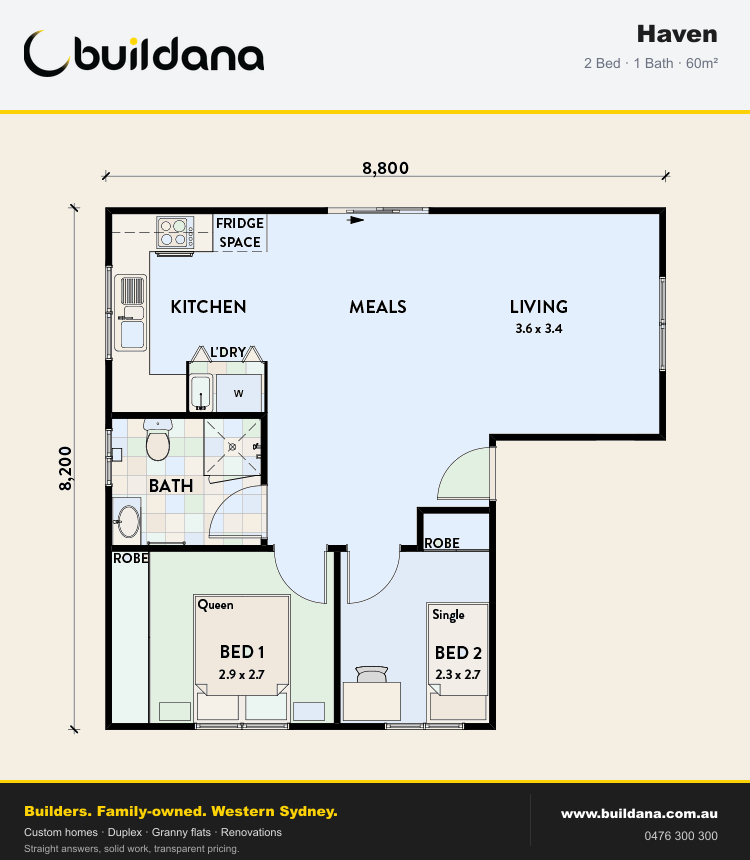 Buildana Haven 60m² granny flat floor plan — 2 bed, 1 bath
