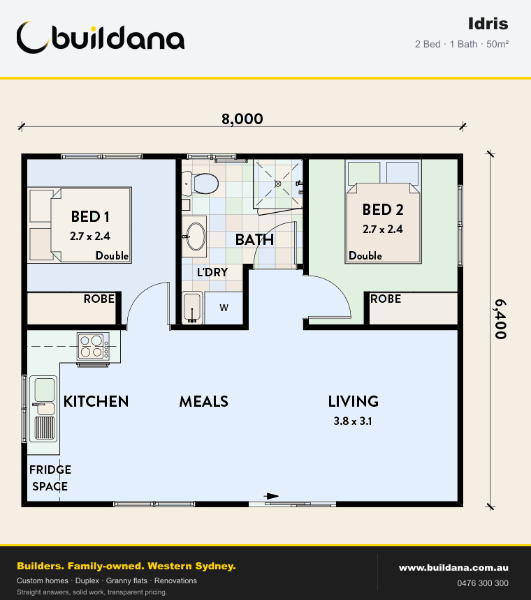 Buildana Idris 50m² granny flat floor plan — 2 bed, 1 bath