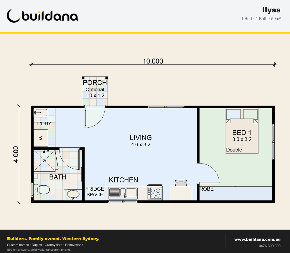 Buildana Ilyas 50m² granny flat floor plan — 1 bed, 1 bath