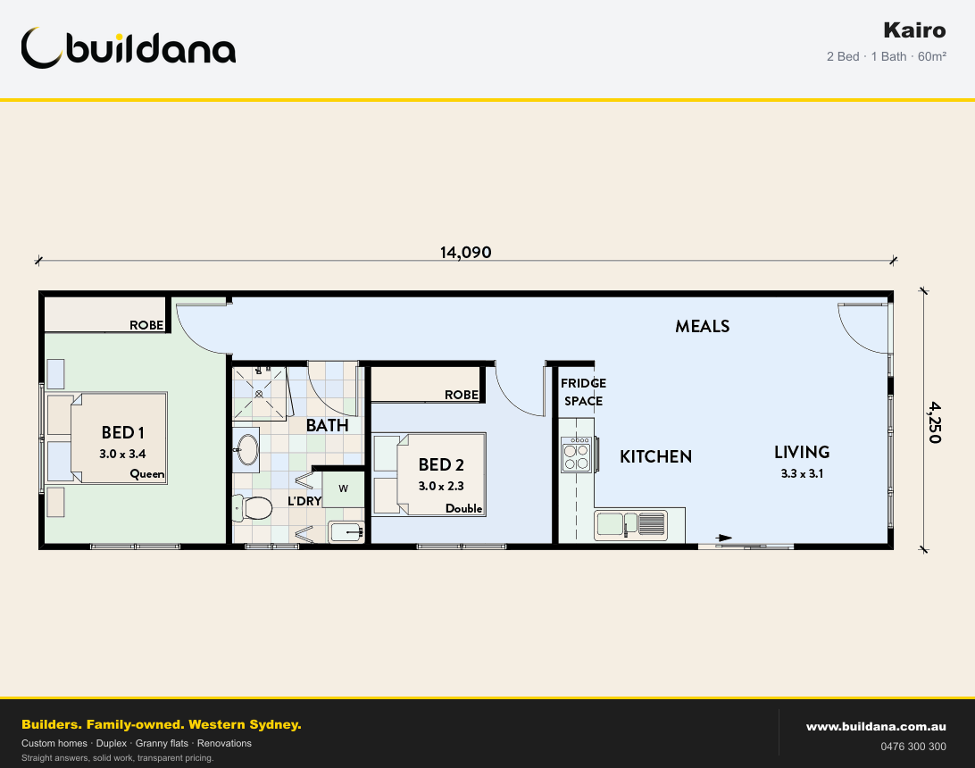 Buildana Kairo 60m² granny flat floor plan — 2 bed, 1 bath