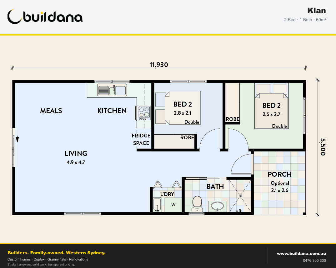 Buildana Kian 60m² granny flat floor plan — 2 bed, 1 bath