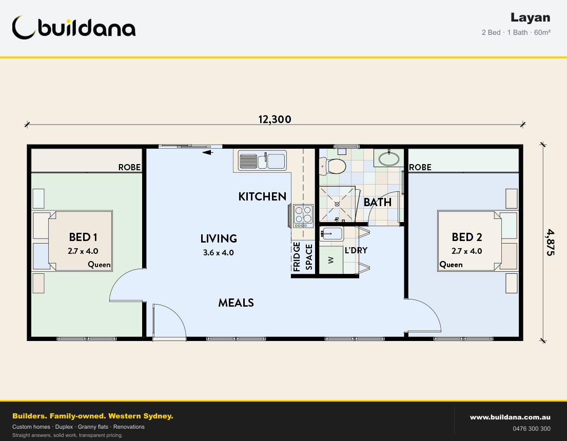 Buildana Layan 60m² granny flat floor plan — 2 bed, 1 bath