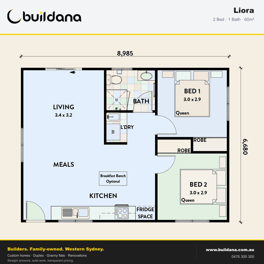 Buildana Liora 60m² granny flat floor plan — 2 bed, 1 bath