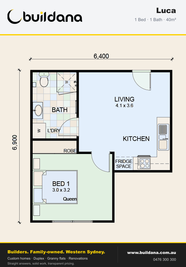 Buildana Luca 40m² granny flat floor plan — 1 bed, 1 bath