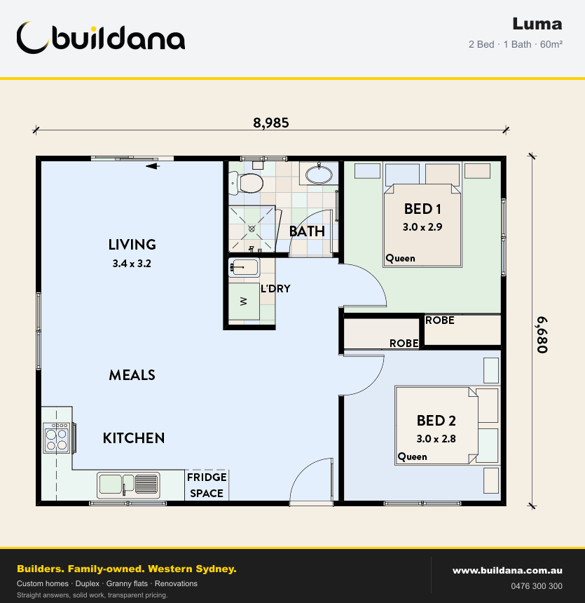 Buildana Luma 60m² granny flat floor plan — 2 bed, 1 bath
