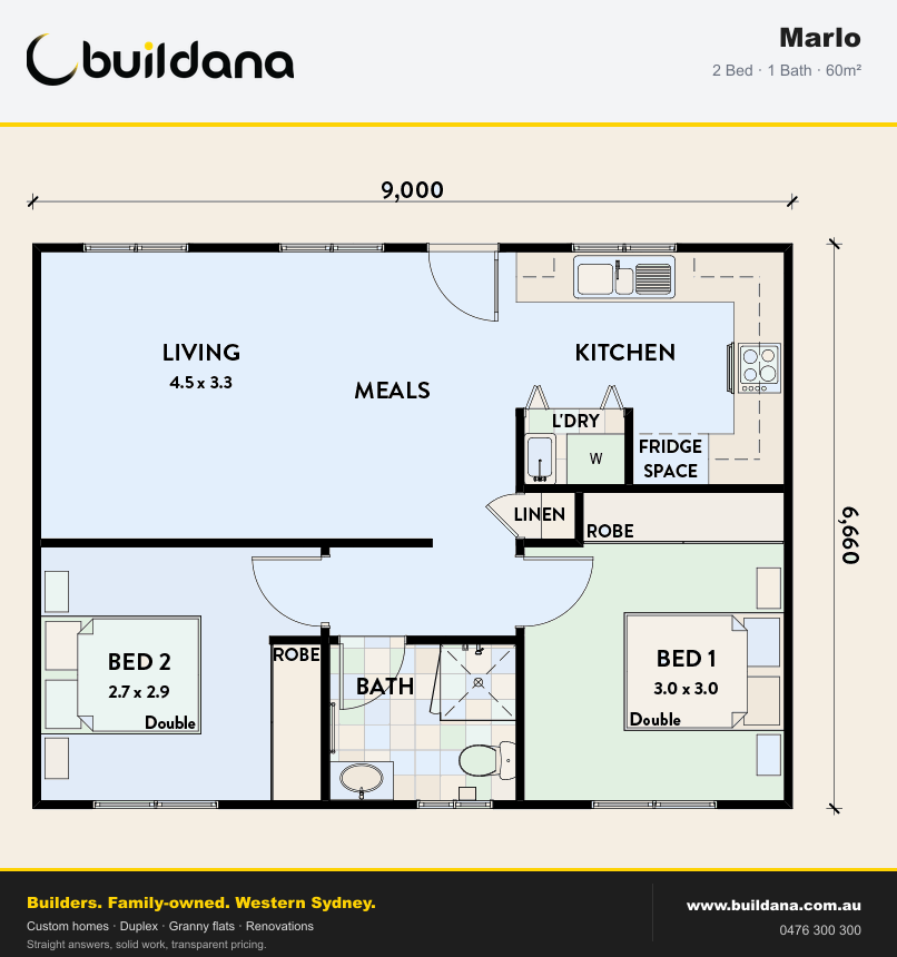 Buildana Marlo 60m² granny flat floor plan — 2 bed, 1 bath