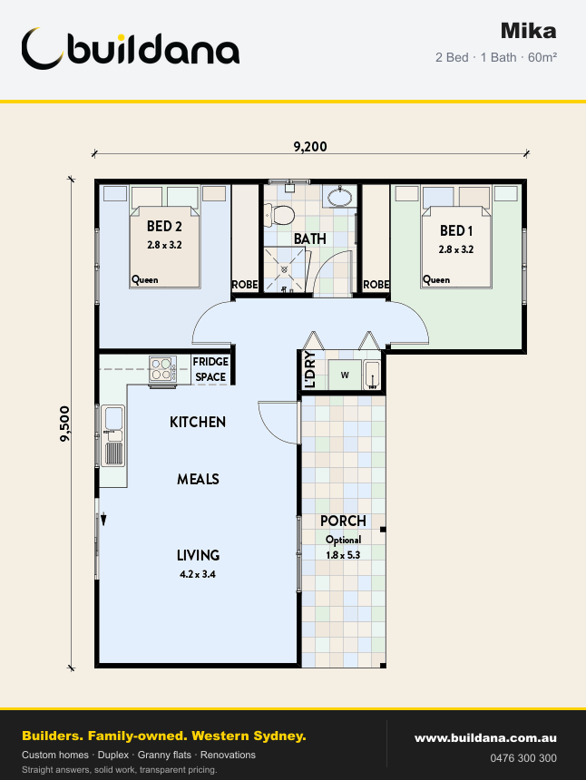 Buildana Mika 60m² granny flat floor plan — 2 bed, 1 bath