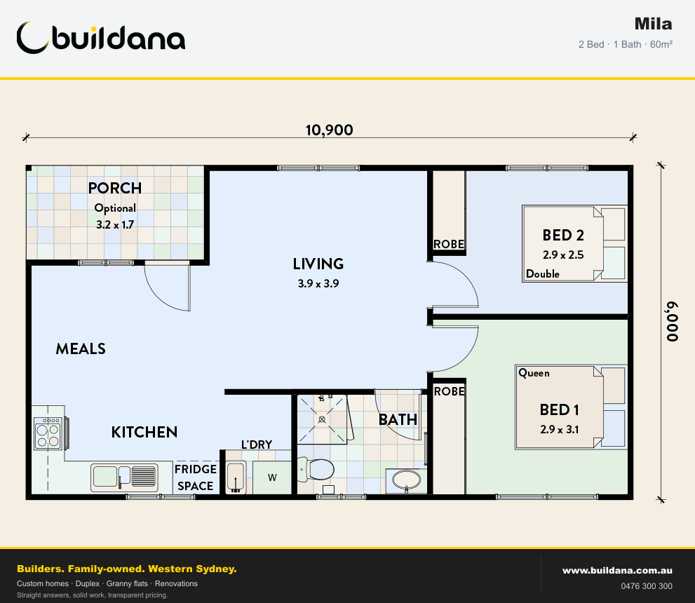 Buildana Mila 60m² granny flat floor plan — 2 bed, 1 bath