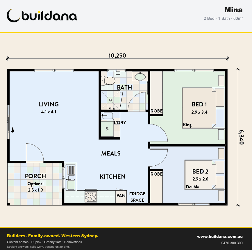 Buildana Mina 60m² granny flat floor plan — 2 bed, 1 bath