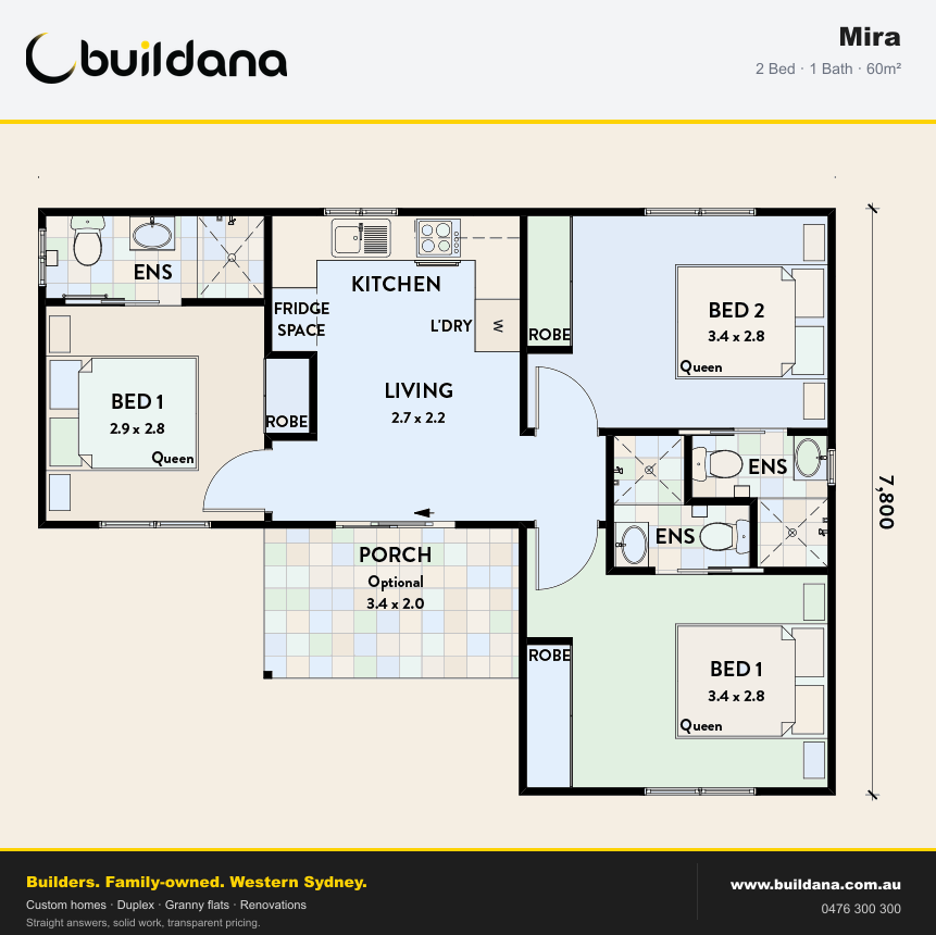 Buildana Mira 60m² granny flat floor plan — 2 bed, 1 bath