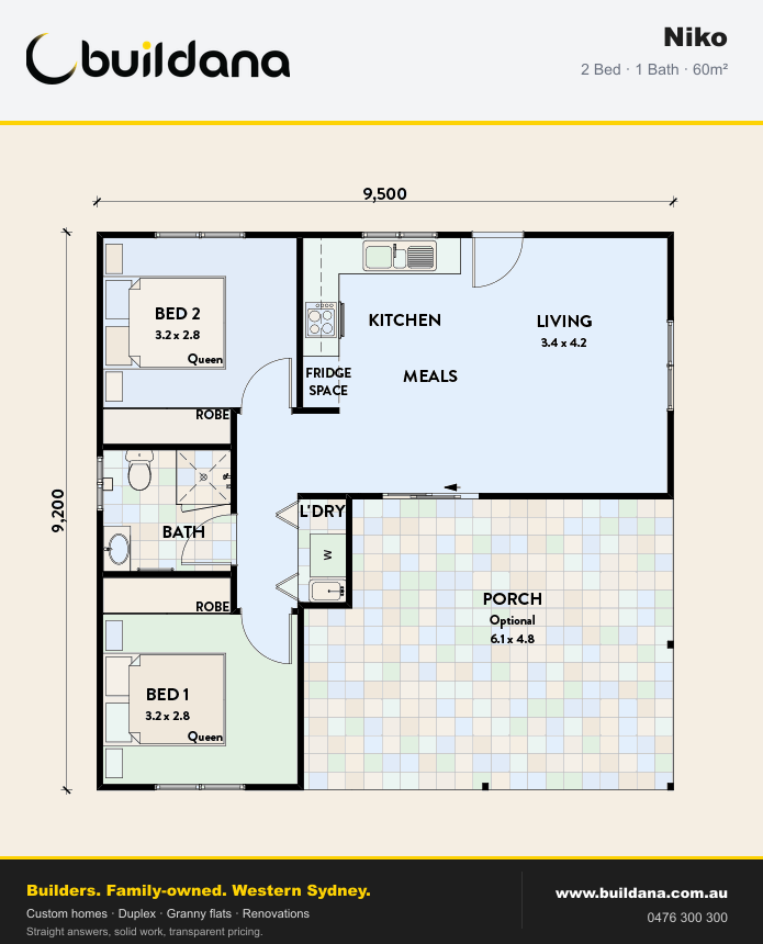 Buildana Niko 60m² granny flat floor plan — 2 bed, 1 bath