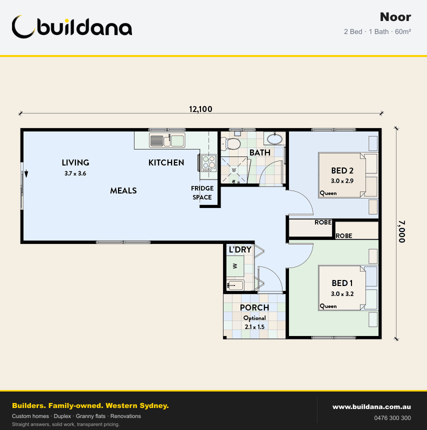 Buildana Noor 60m² granny flat floor plan — 2 bed, 1 bath