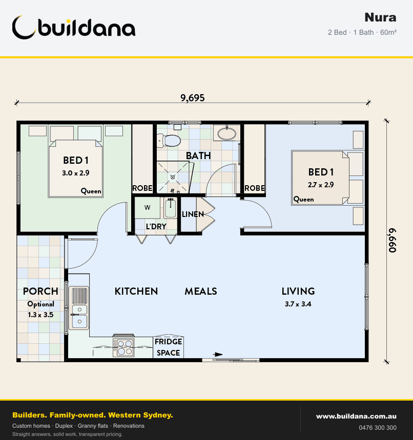 Buildana Nura 60m² granny flat floor plan — 2 bed, 1 bath