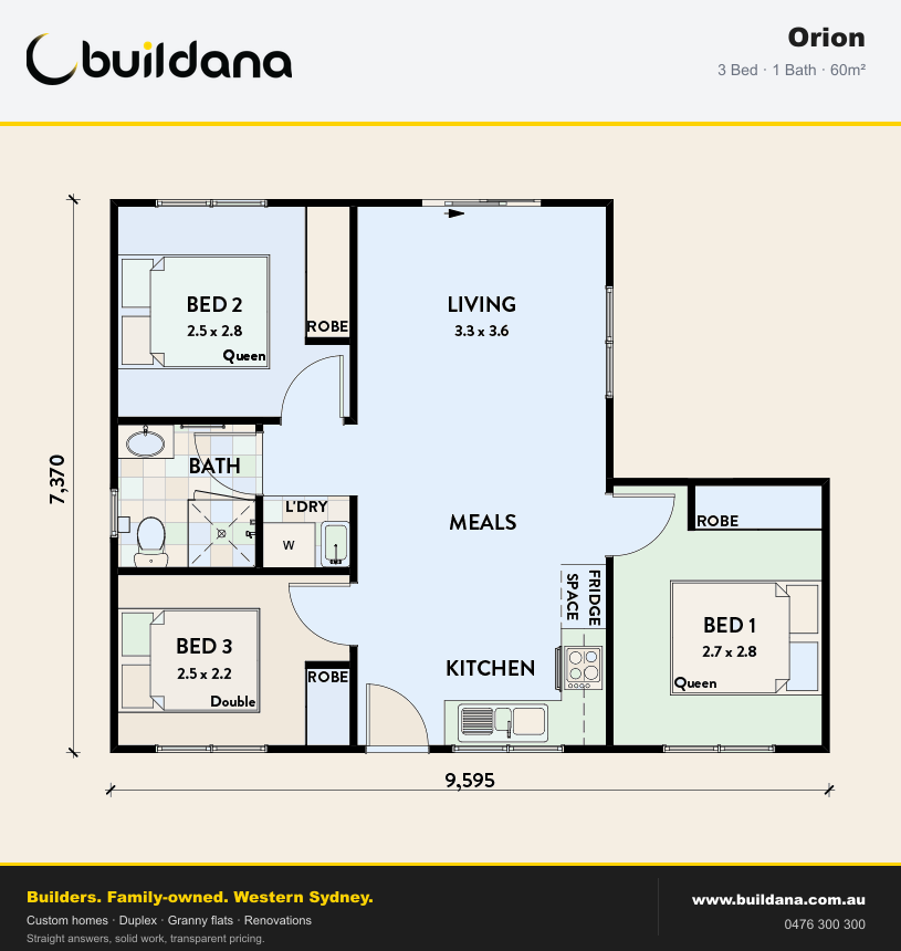 Buildana Orion 60m² granny flat floor plan — 3 bed, 1 bath
