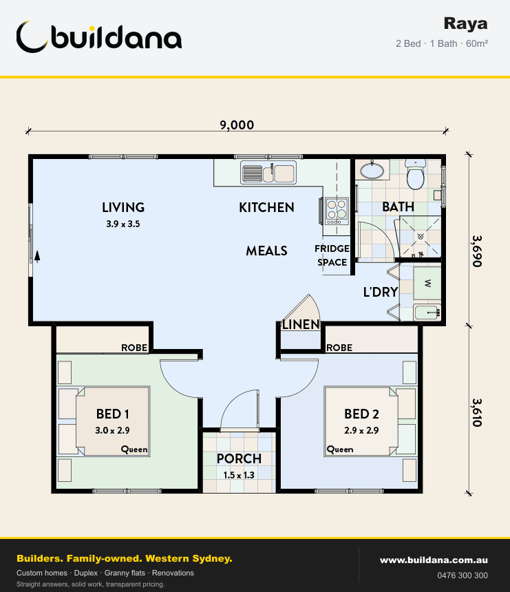 Buildana Raya 60m² granny flat floor plan — 2 bed, 1 bath