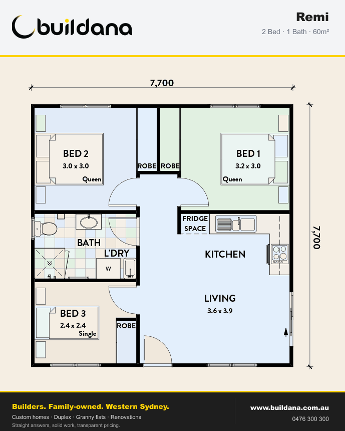 Buildana Remi 60m² granny flat floor plan — 2 bed, 1 bath