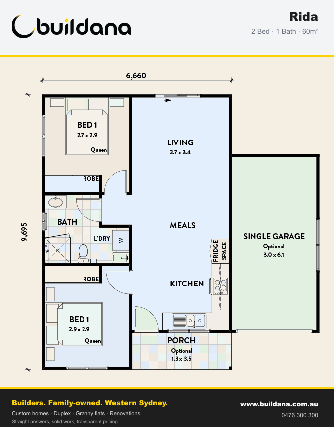 Buildana Rida 60m² granny flat floor plan — 2 bed, 1 bath