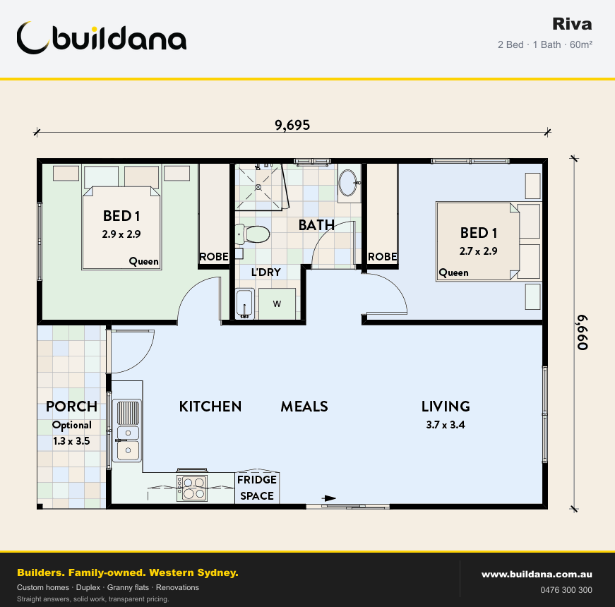 Buildana Riva 60m² granny flat floor plan — 2 bed, 1 bath