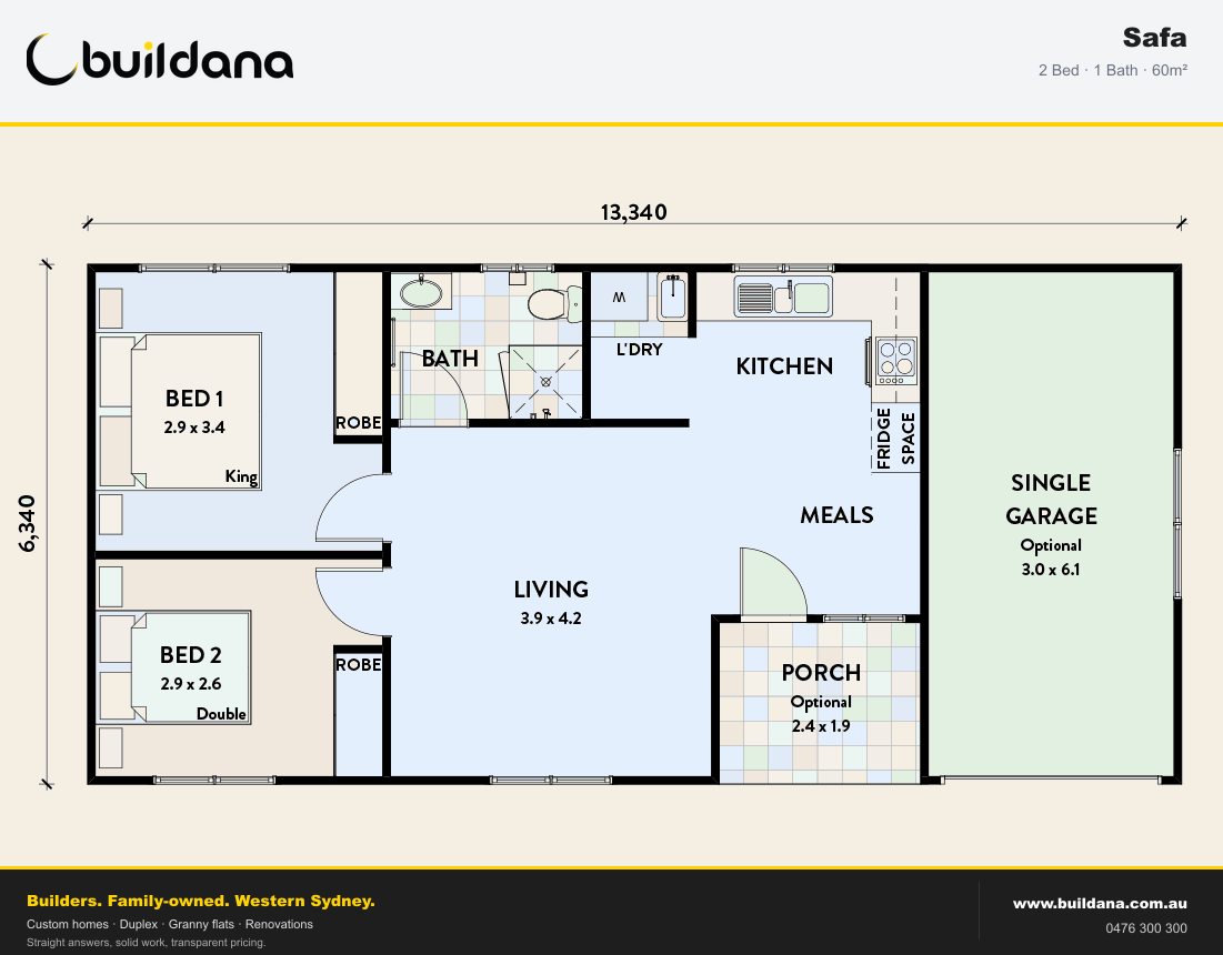 Buildana Safa 60m² granny flat floor plan — 2 bed, 1 bath