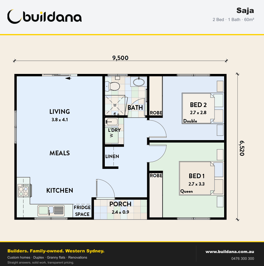 Buildana Saja 60m² granny flat floor plan — 2 bed, 1 bath