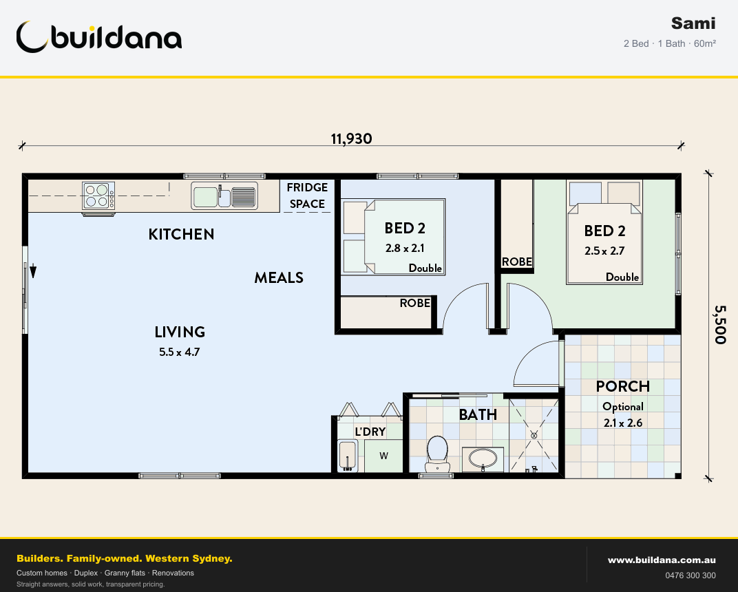 Buildana Sami 60m² granny flat floor plan — 2 bed, 1 bath