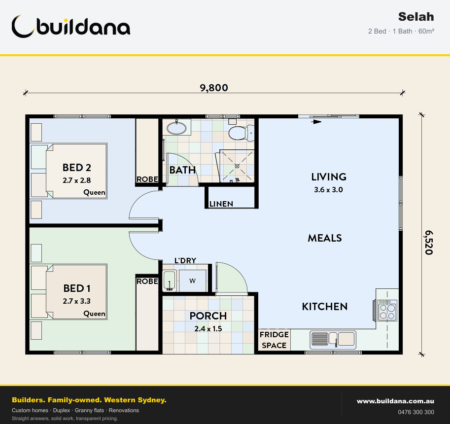 Buildana Selah 60m² granny flat floor plan — 2 bed, 1 bath