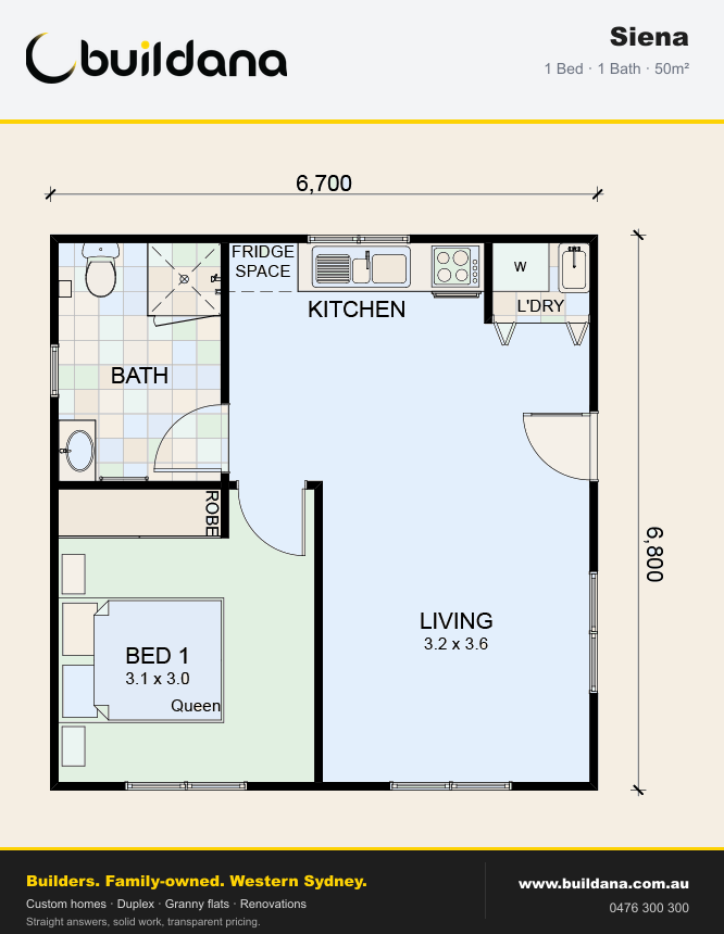Buildana Siena 50m² granny flat floor plan — 1 bed, 1 bath