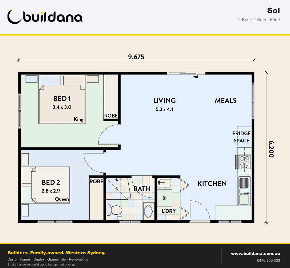 Buildana Sol 60m² granny flat floor plan — 2 bed, 1 bath