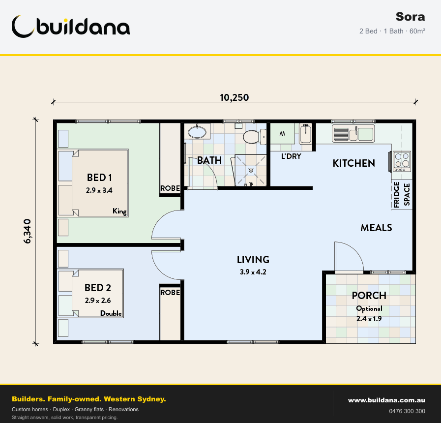 Buildana Sora 60m² granny flat floor plan — 2 bed, 1 bath