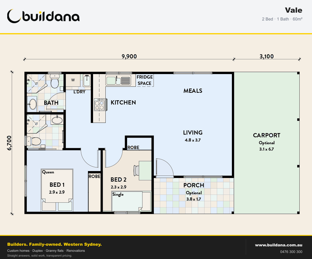 Buildana Vale 60m² granny flat floor plan — 2 bed, 1 bath