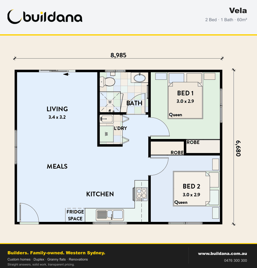 Buildana Vela 60m² granny flat floor plan — 2 bed, 1 bath