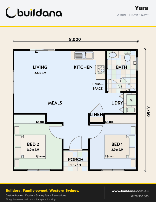 Buildana Yara 60m² granny flat floor plan — 2 bed, 1 bath